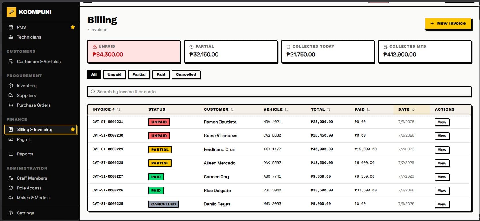 Koompuni Billing screen with collection KPIs and an invoice table by payment status