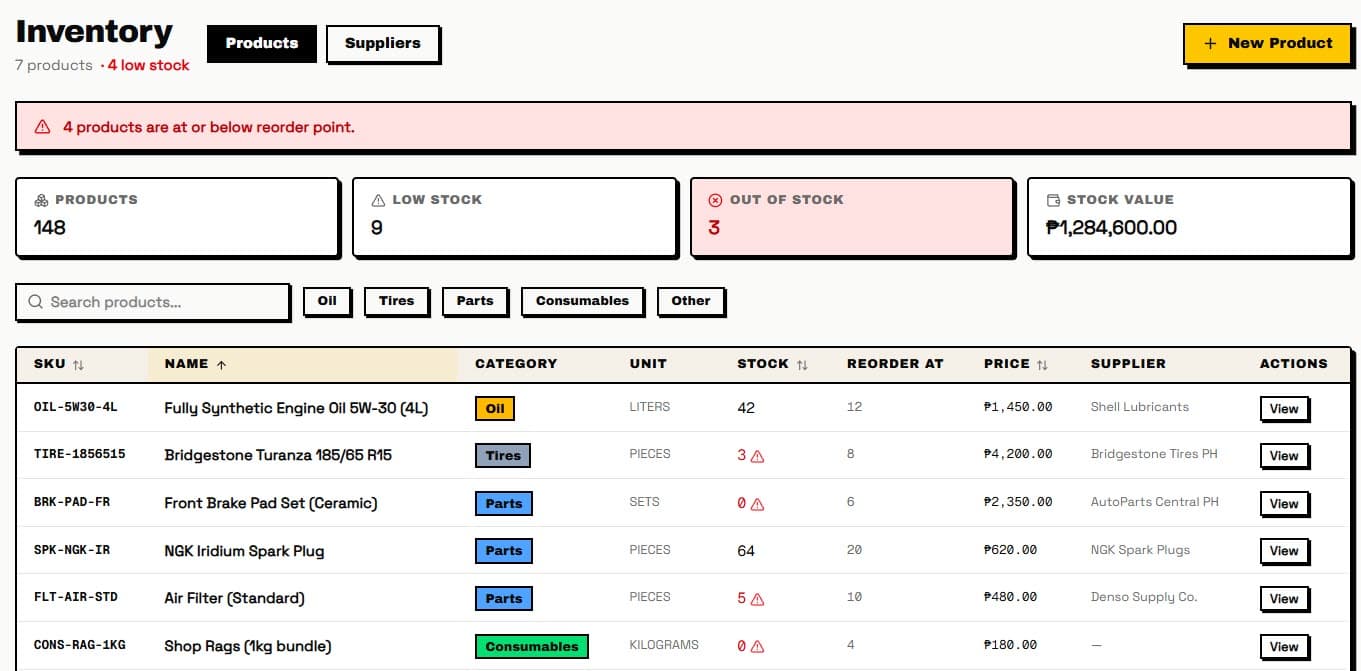 Koompuni Inventory screen with stock KPIs and a product table showing low-stock warnings
