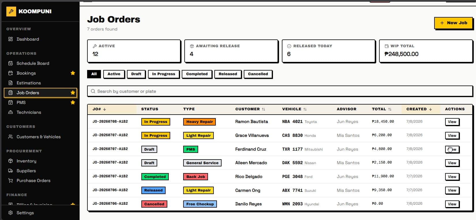 Koompuni Job Orders screen with live KPIs and a sortable job-order table