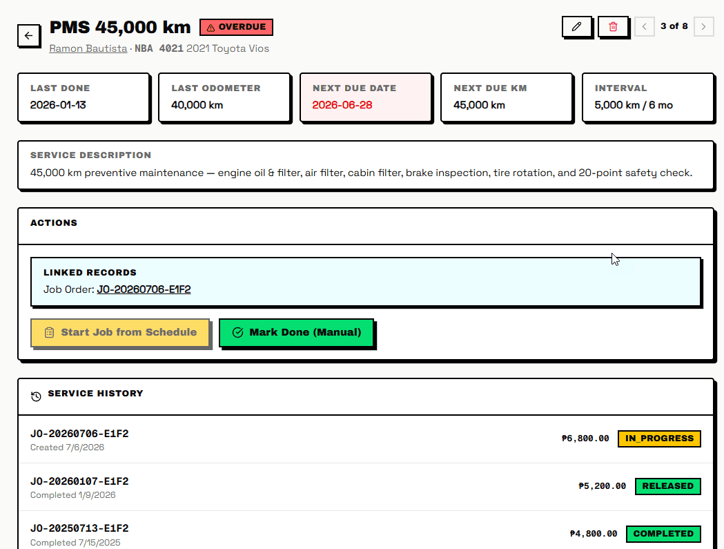 Koompuni PMS schedule detail with next-due tracking, service history, and start-job actions