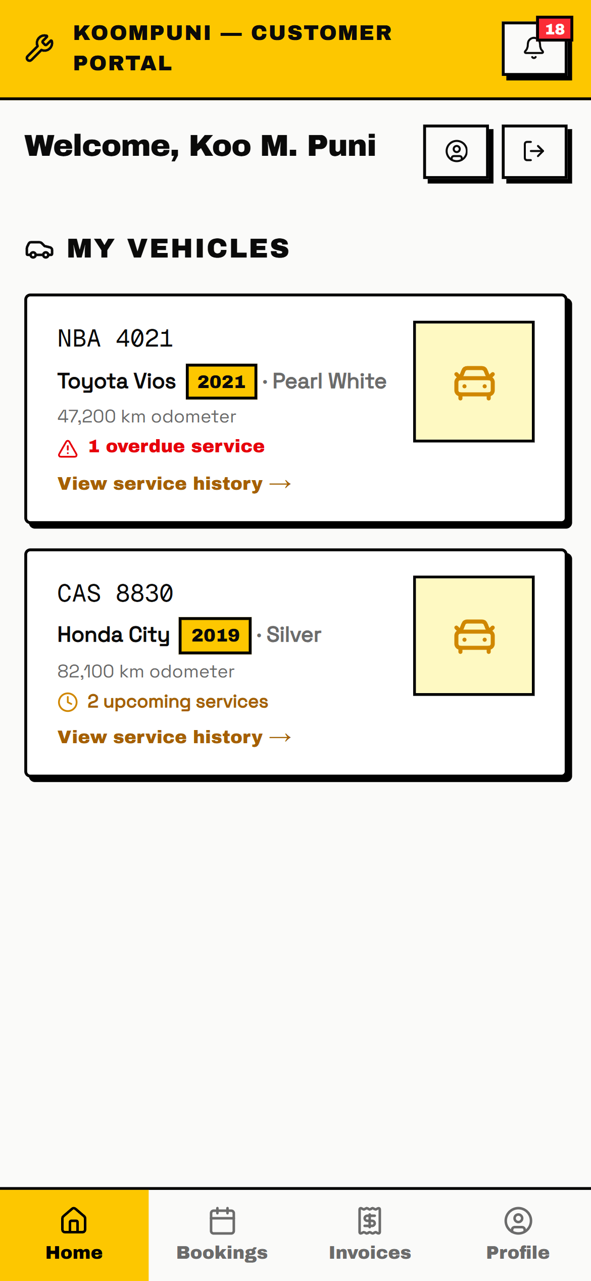 Customer portal dashboard showing the customer's vehicles and service status
