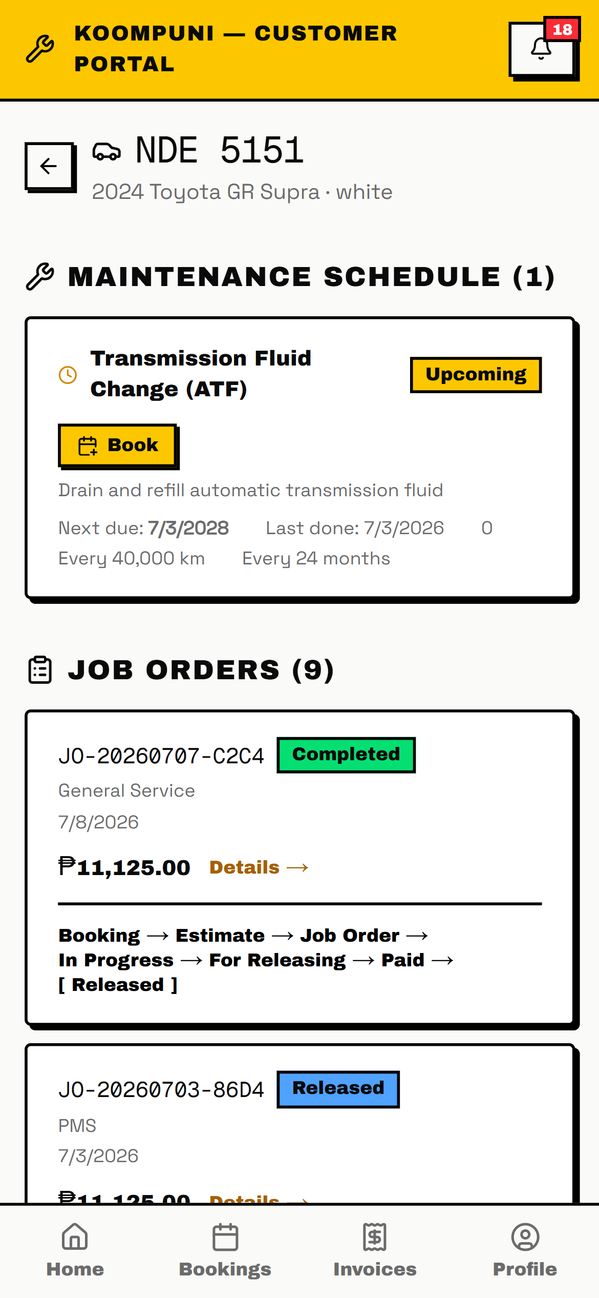 Customer portal vehicle detail with maintenance schedule and job order history
